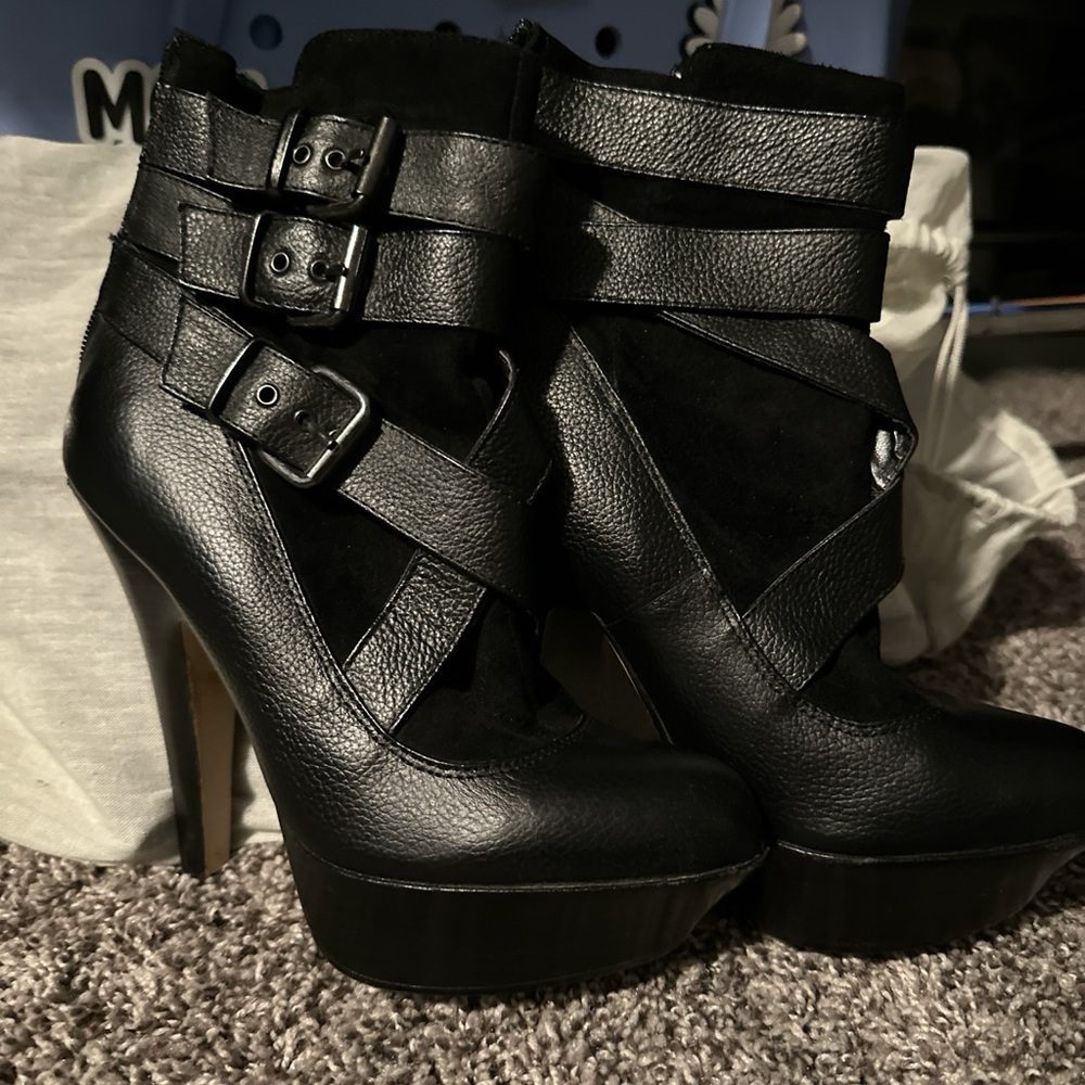 bebe Black Buckle Strap Ankle Booties